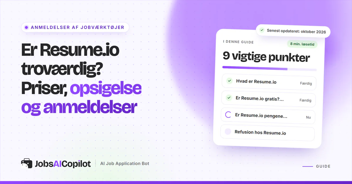 Er Resume.io troværdig? Titelkort med tjekliste over funktioner, priser og refusion på en lilla JobsAICopilot-forside