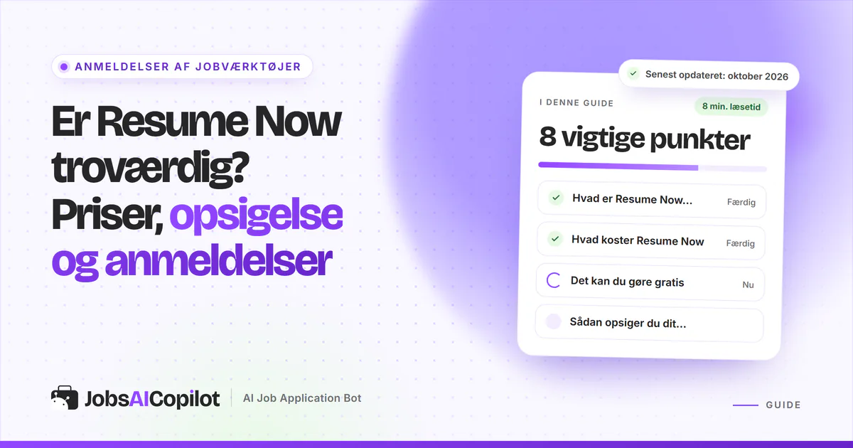 Er Resume Now troværdig? Titelkort med tjekliste over funktioner, pris og gratis muligheder på en lilla JobsAICopilot-forside