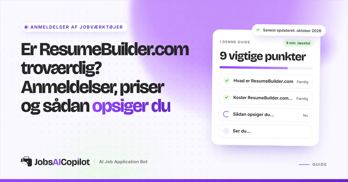 Er ResumeBuilder.com troværdig? Titelkort med tjekliste over funktioner, priser og opsigelse på en lilla forside