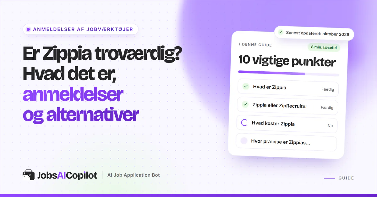 Er Zippia troværdig? Titelkort med tjekliste over funktioner, Zippia vs ZipRecruiter og priser på en lilla forside