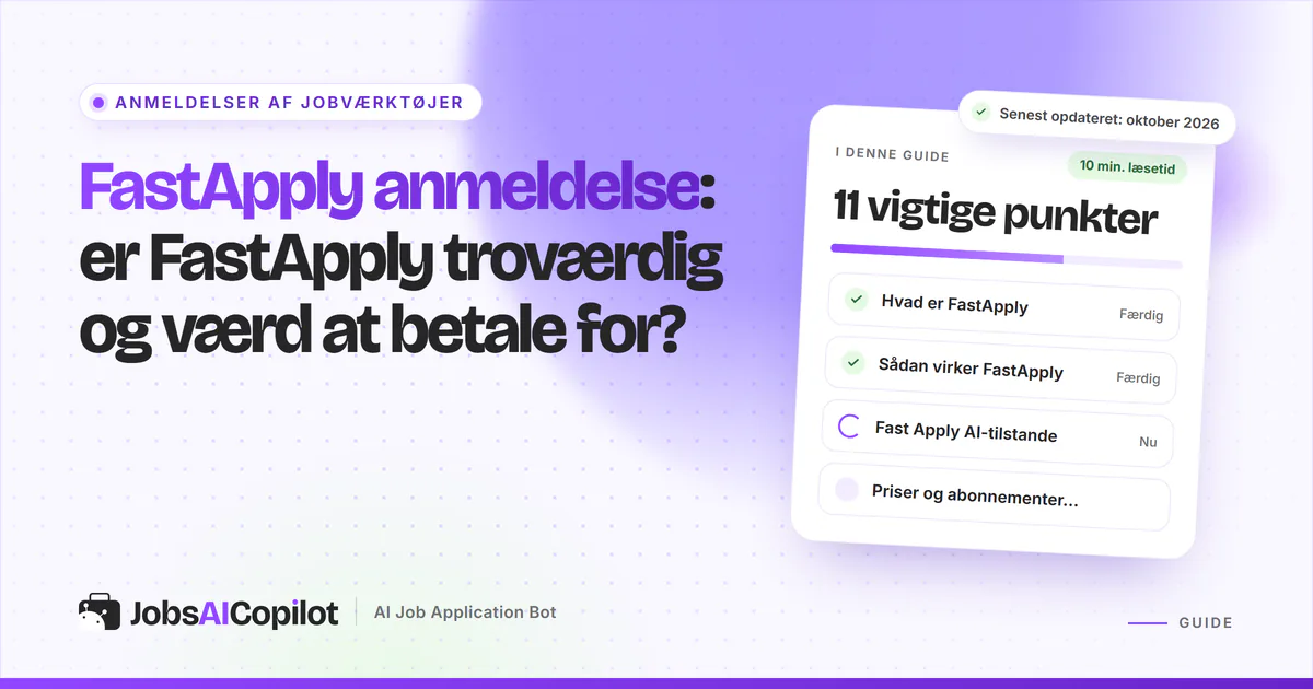 FastApply anmeldelse: titelkort med tjekliste over funktion, tilstande, priser og sikkerhed på en lilla JobsAICopilot-forside