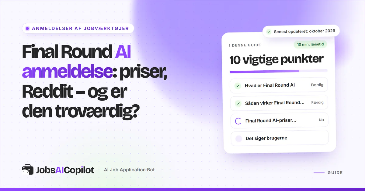 Final Round AI anmeldelse: titelkort med tjekliste over funktion, priser og brugernes erfaringer på en lilla forside