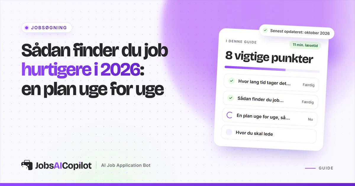 Find job hurtigere: titelkort med tjekliste over tidsforbrug, 10 metoder og en plan uge for uge på en lilla forside
