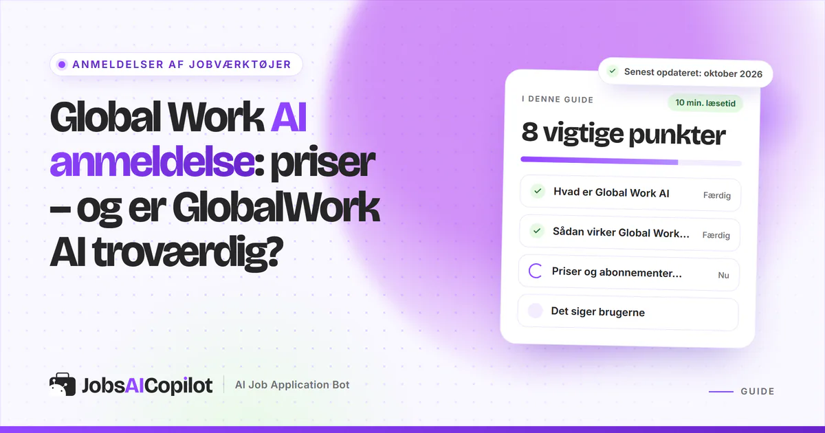 Global Work AI anmeldelse: titelkort med tjekliste over funktion, priser, fordele og ulemper på en lilla forside