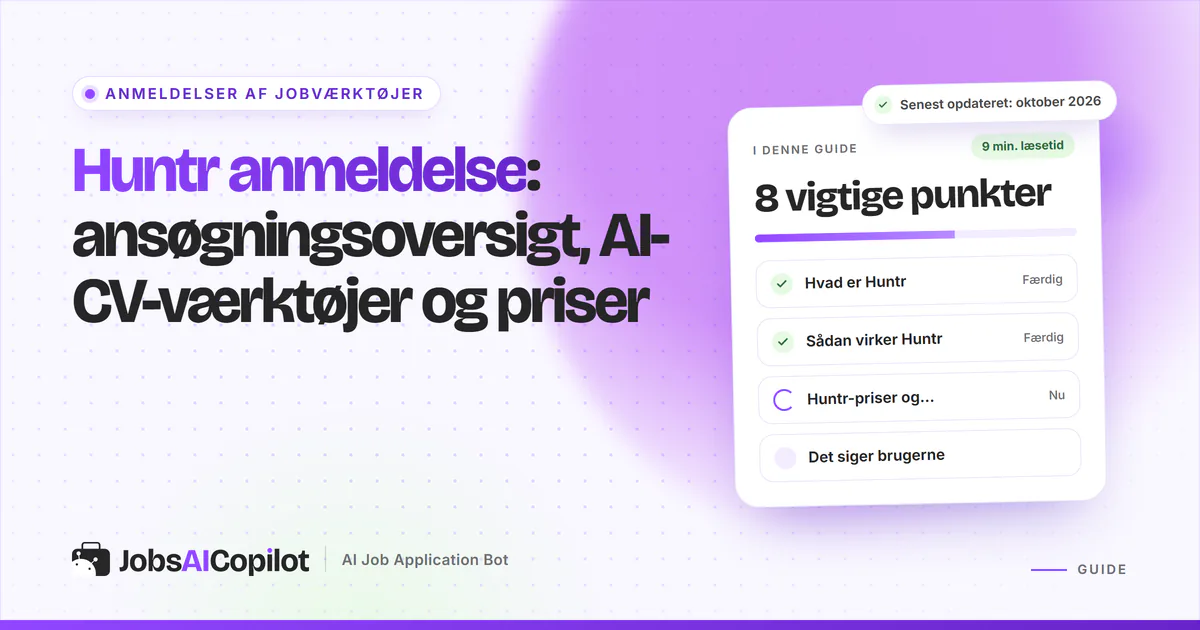 Huntr anmeldelse: titelkort med tjekliste over funktion, priser og brugernes erfaringer på en lilla JobsAICopilot-forside