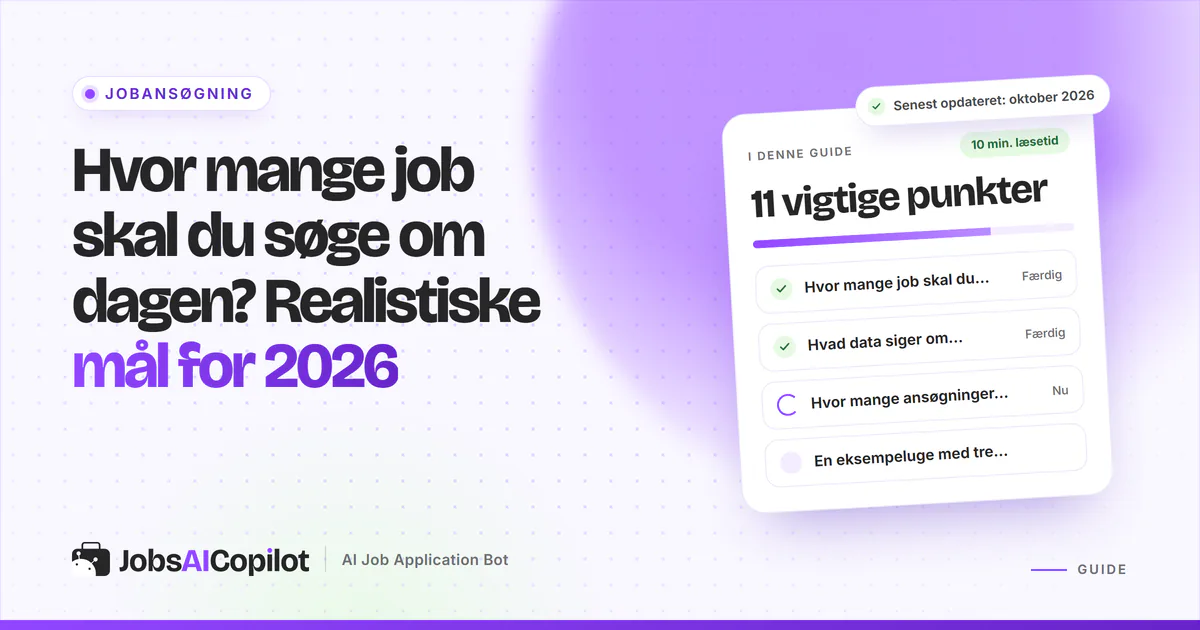 Hvor mange job skal du søge om dagen? Titelkort med tjekliste over mål efter situation og data på en lilla forside