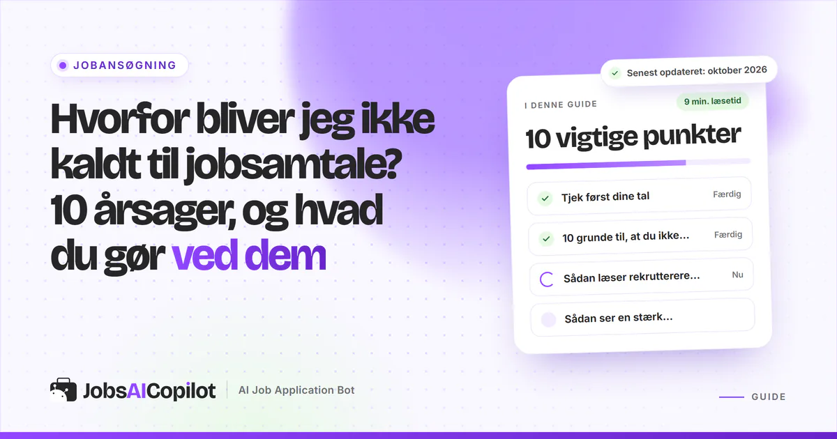 Ikke kaldt til jobsamtale? Titelkort med tjekliste over dine tal, 10 årsager og rekrutterernes blik på en lilla forside