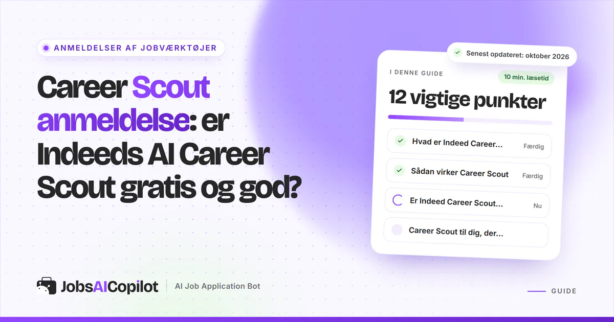 Indeed Career Scout anmeldelse: titelkort med tjekliste over funktioner, pris og privatliv på en lilla JobsAICopilot-forside