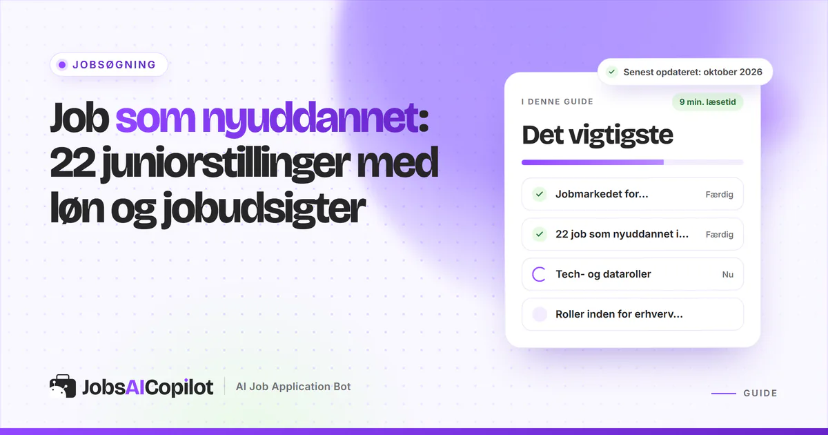 Job som nyuddannet: titelkort med tjekliste over jobmarkedet i 2026, 22 job og tech- og dataroller på en lilla forside