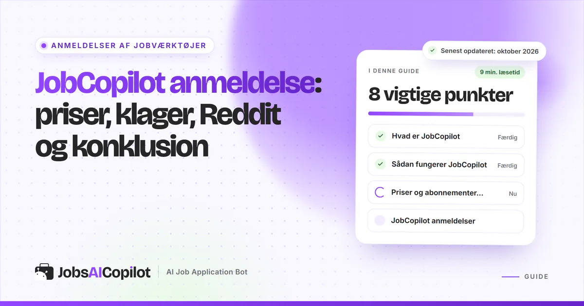 JobCopilot anmeldelse: titelkort med tjekliste over funktion, priser og brugeranmeldelser på en lilla JobsAICopilot-forside