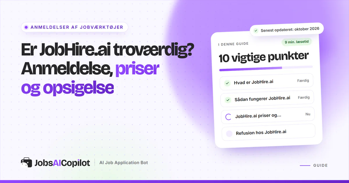 Er JobHire.ai troværdig? Titelkort med tjekliste over funktion, priser og refusionspolitik på en lilla JobsAICopilot-forside