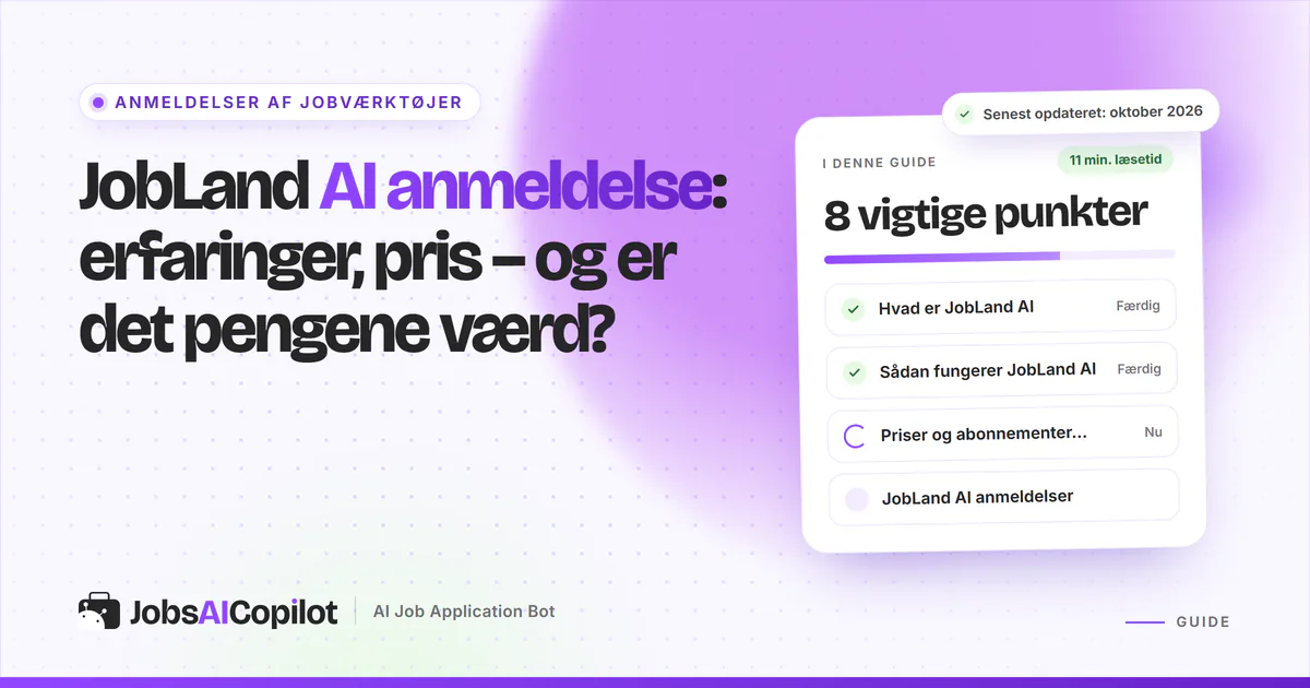 JobLand AI anmeldelse: titelkort med tjekliste over funktion, priser og brugeranmeldelser på en lilla JobsAICopilot-forside