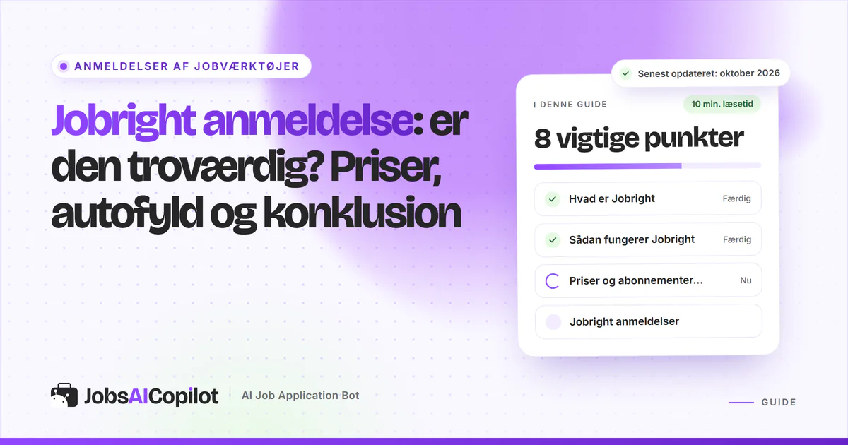 Jobright anmeldelse: titelkort med tjekliste over funktion, priser, autofyld og brugeranmeldelser på en lilla forside
