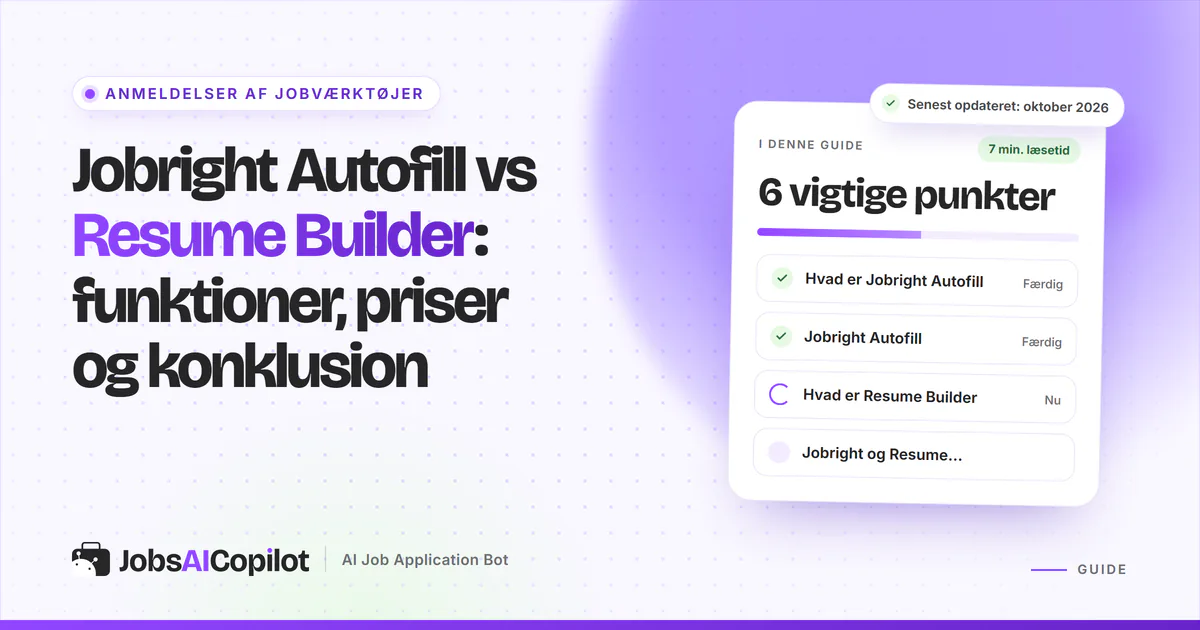Jobright Autofill vs Resume Builder: titelkort med tjekliste over funktioner, gratis vs Turbo og priser på en lilla forside