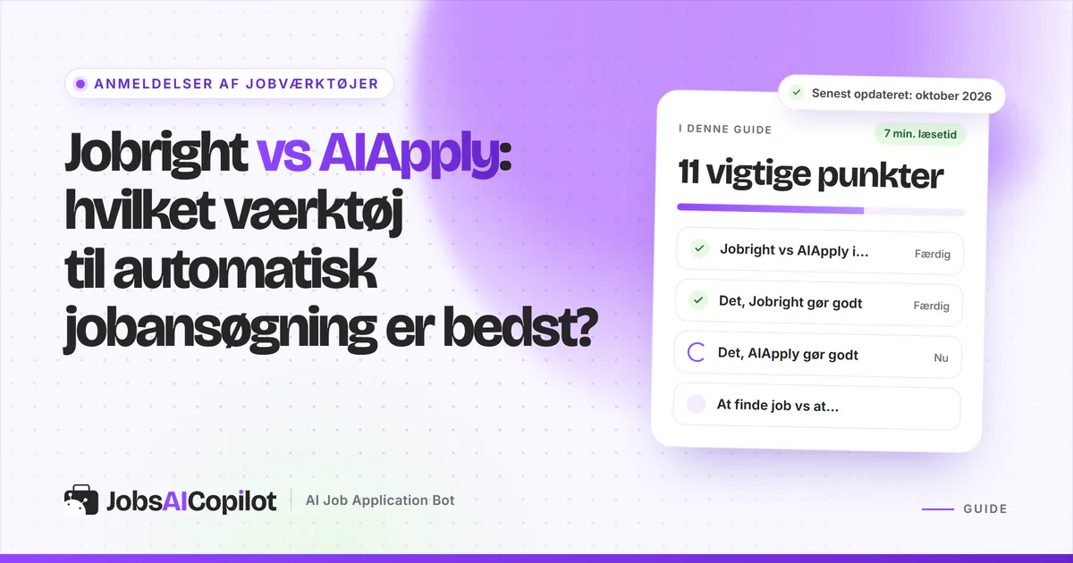 Jobright vs AIApply: titelkort med tjekliste over overblik og hvert værktøjs styrker på en lilla JobsAICopilot-forside