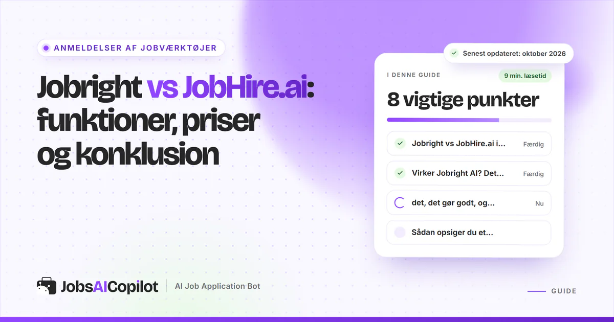 Jobright vs JobHire.ai: titelkort med tjekliste over overblik, styrker, svagheder og opsigelse på en lilla forside