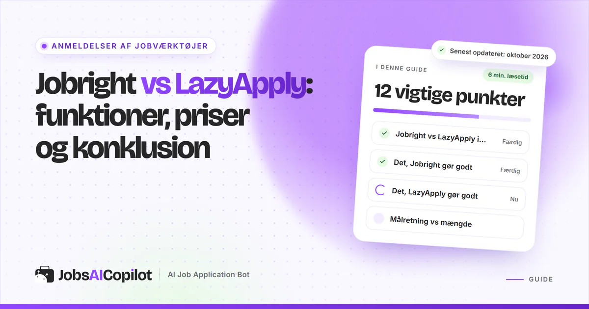 Jobright vs LazyApply: titelkort med tjekliste over overblik, styrker og målretning mod mængde på en lilla forside