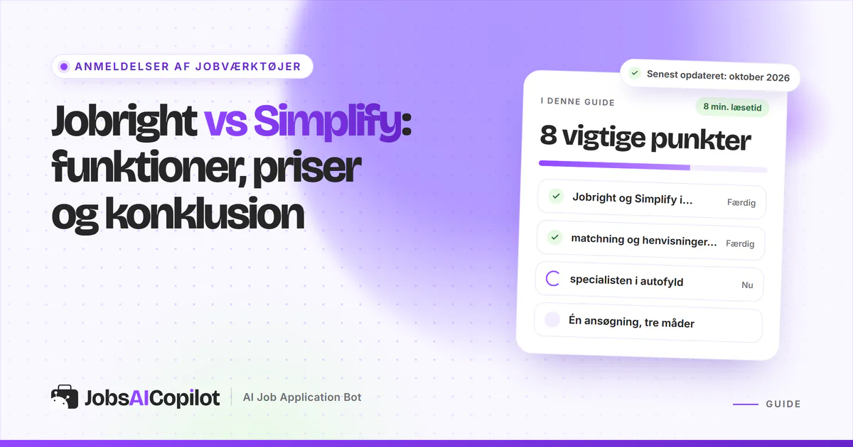 Jobright vs Simplify: titelkort med tjekliste over overblik, jobmatch, henvisninger og autofyld på en lilla forside