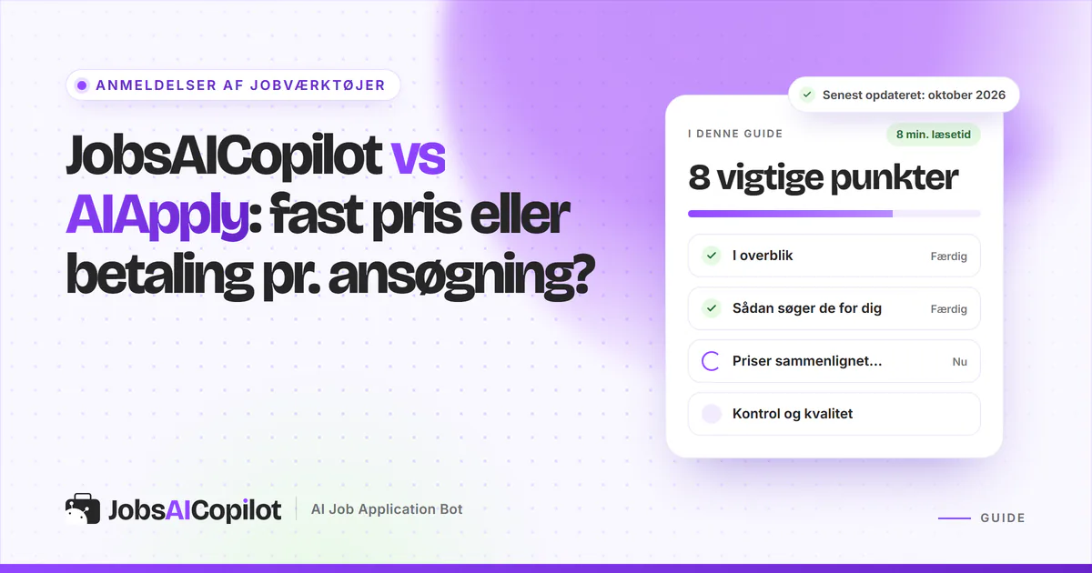 JobsAICopilot vs AIApply: titelkort med tjekliste over overblik, ansøgningsmetode, priser og kreditter på en lilla forside