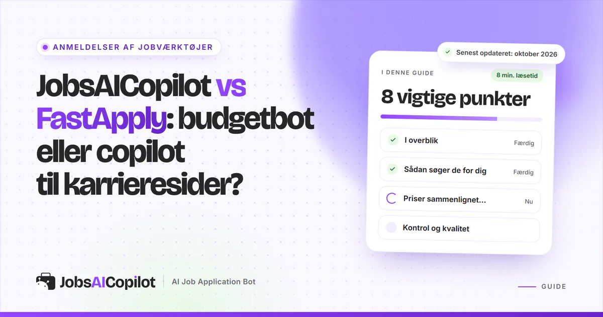 JobsAICopilot vs FastApply: titelkort med tjekliste over overblik, ansøgningsmetode, priser og kontrol på en lilla forside