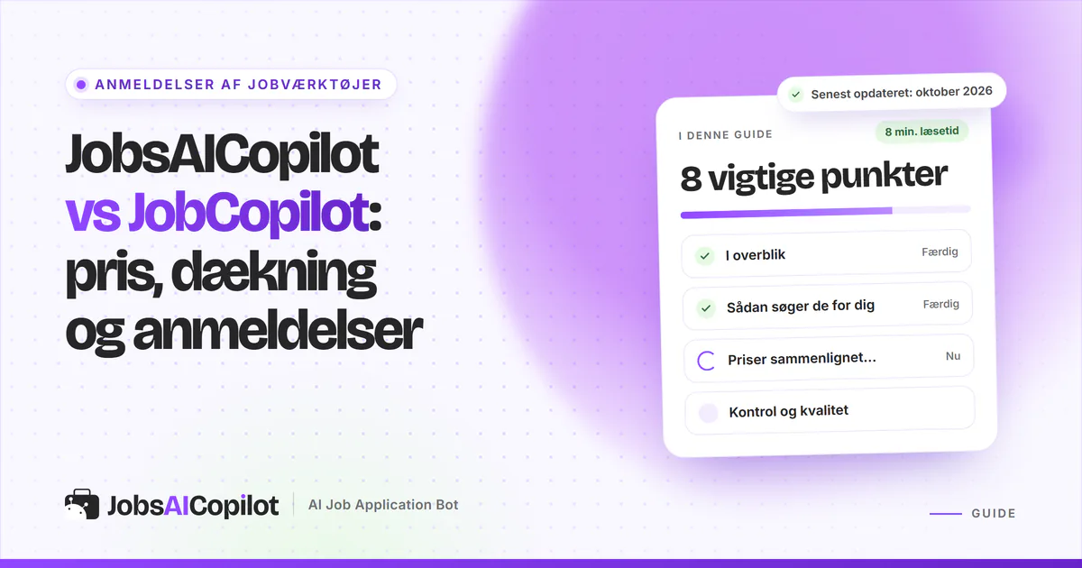 JobsAICopilot vs JobCopilot: titelkort med tjekliste over overblik, ansøgningsmetode, priser og dækning på en lilla forside