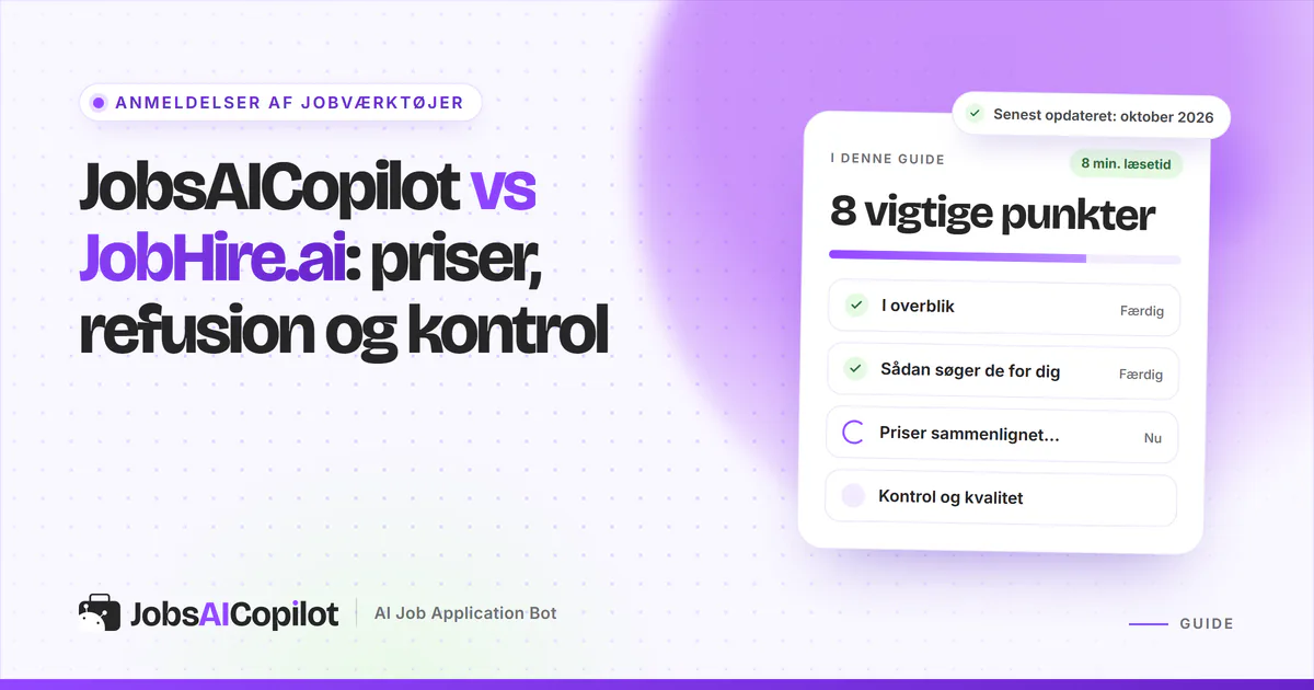 JobsAICopilot vs JobHire.ai: titelkort med tjekliste over overblik, priser, refusion og daglige grænser på en lilla forside