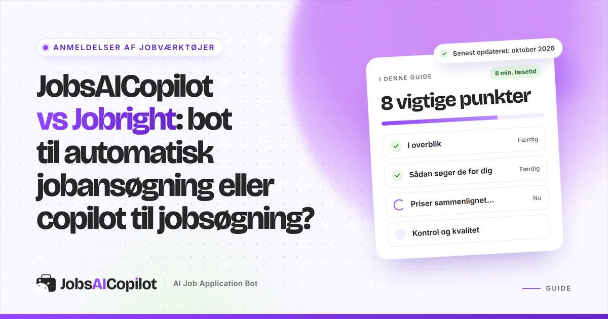 JobsAICopilot vs Jobright: titelkort med tjekliste over overblik, ansøgningsmetode, priser og kontrol på en lilla forside