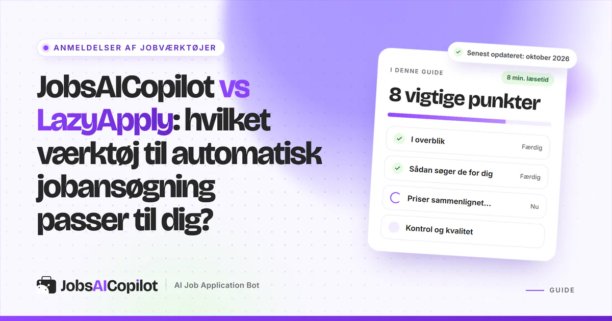 JobsAICopilot vs LazyApply: titelkort med tjekliste over overblik, priser, daglige grænser og godkendelse på en lilla forside