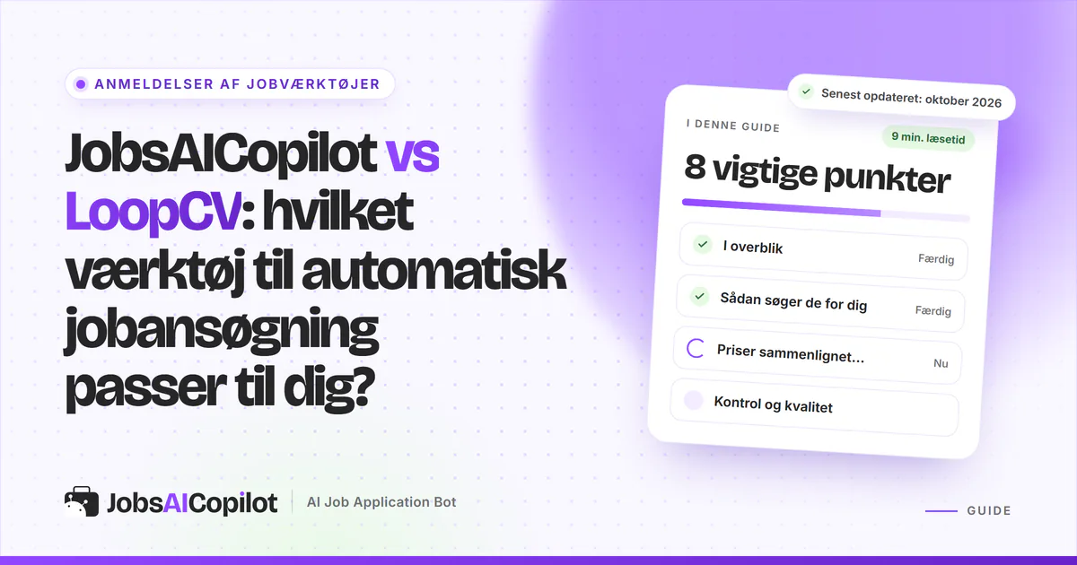 JobsAICopilot vs LoopCV: titelkort med tjekliste over overblik, priser, daglige grænser og godkendelse på en lilla forside