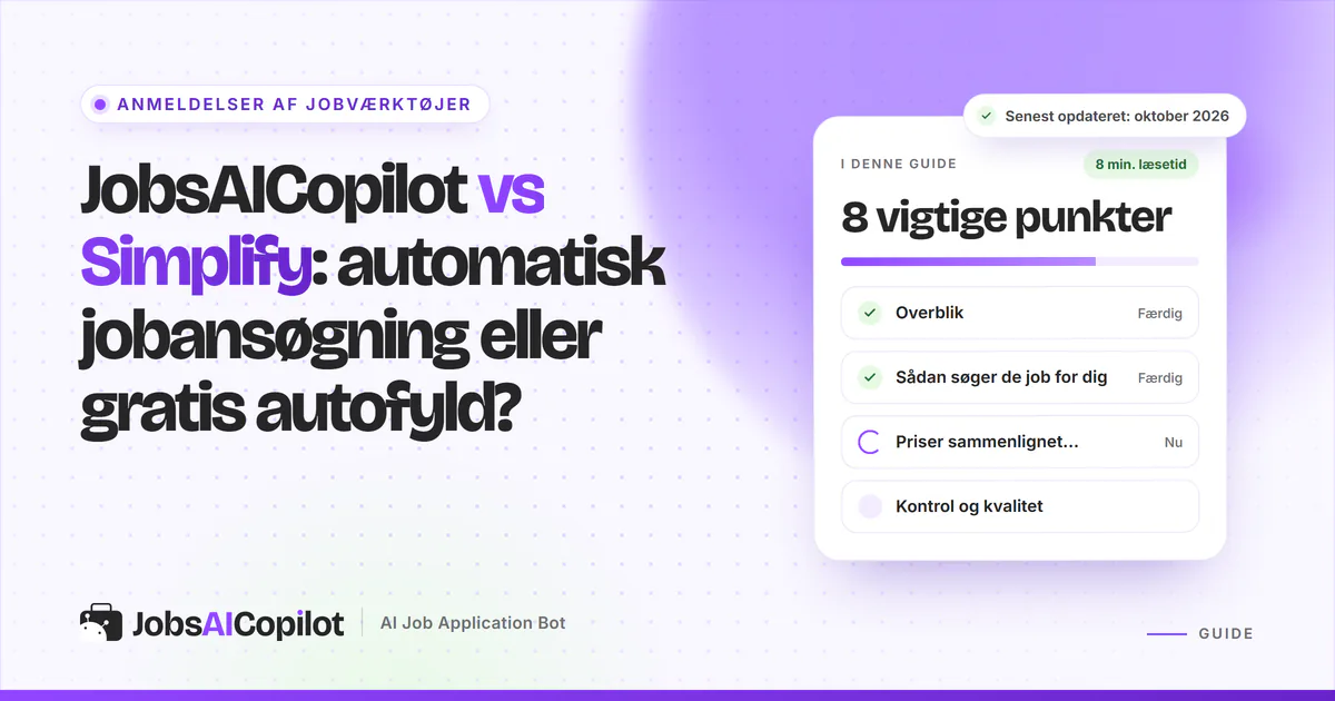 JobsAICopilot vs Simplify: titelkort med tjekliste over overblik, daglige ansøgninger og gratis autofyld på en lilla forside