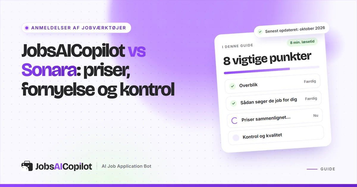 JobsAICopilot vs Sonara: titelkort med tjekliste over overblik, priser, fornyelsesvilkår og godkendelse på en lilla forside
