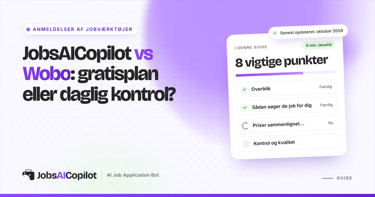 JobsAICopilot vs Wobo: titelkort med tjekliste over overblik, swipe-ansøgning, daglige grænser og godkendelse