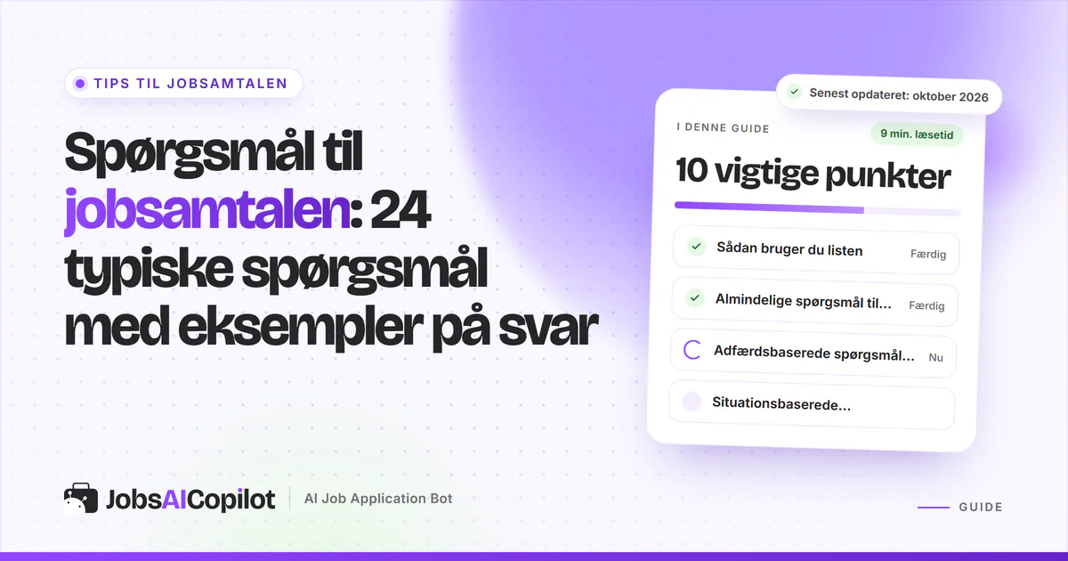 Spørgsmål til jobsamtalen: titelkort med tjekliste over klassiske, adfærdsbaserede og situationsbestemte spørgsmål