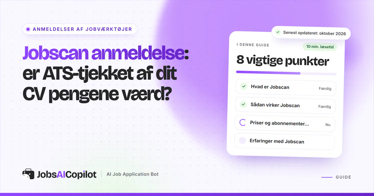 Jobscan anmeldelse: titelkort med tjekliste over ATS-tjekket, priser og brugeranmeldelser på en lilla JobsAICopilot-forside