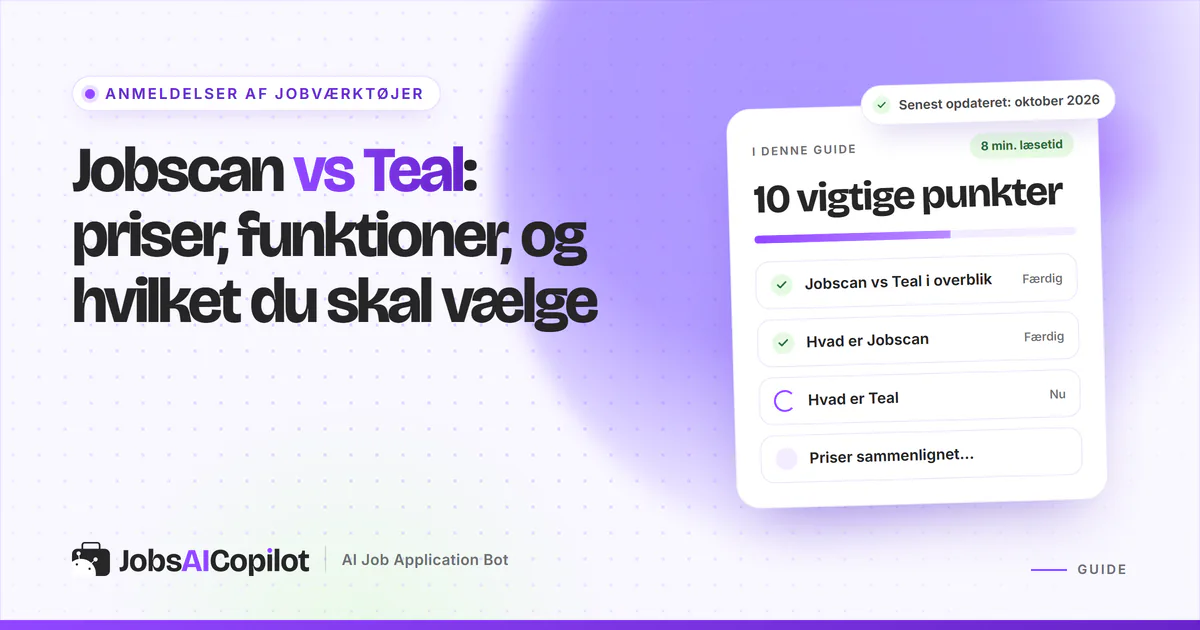 Jobscan vs Teal: titelkort med tjekliste over overblik, de to værktøjer og priser på en lilla JobsAICopilot-forside