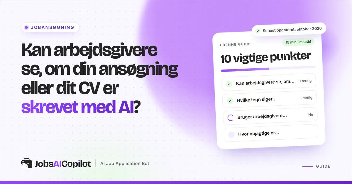 Kan arbejdsgivere se AI i ansøgningen: en ansøgning og et CV under et forstørrelsesglas på en lilla JobsAICopilot-forside