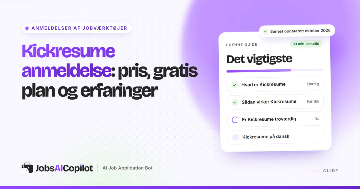 Kickresume anmeldelse: titelkort med gratis plan, priser i 2026, refusionsregler og brugernes vurderinger på en lilla forside