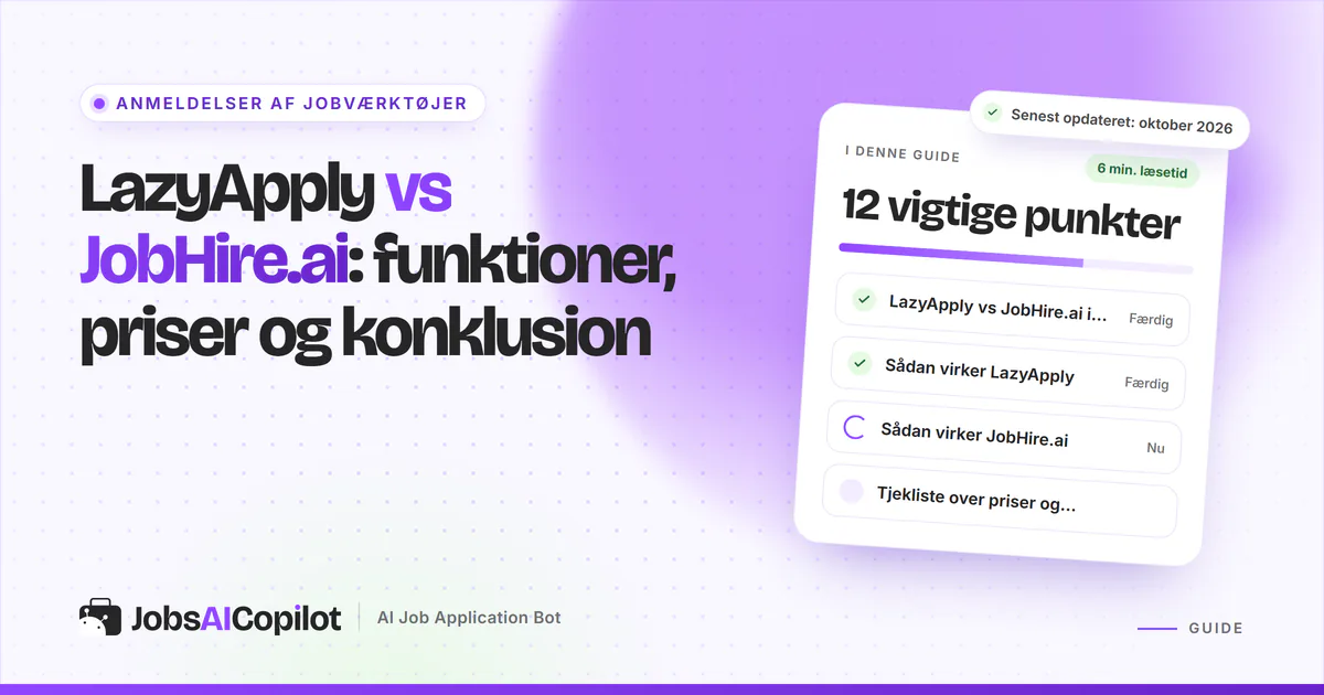 LazyApply vs JobHire.ai: titelkort med tjekliste over overblik, funktion og priser på en lilla JobsAICopilot-forside