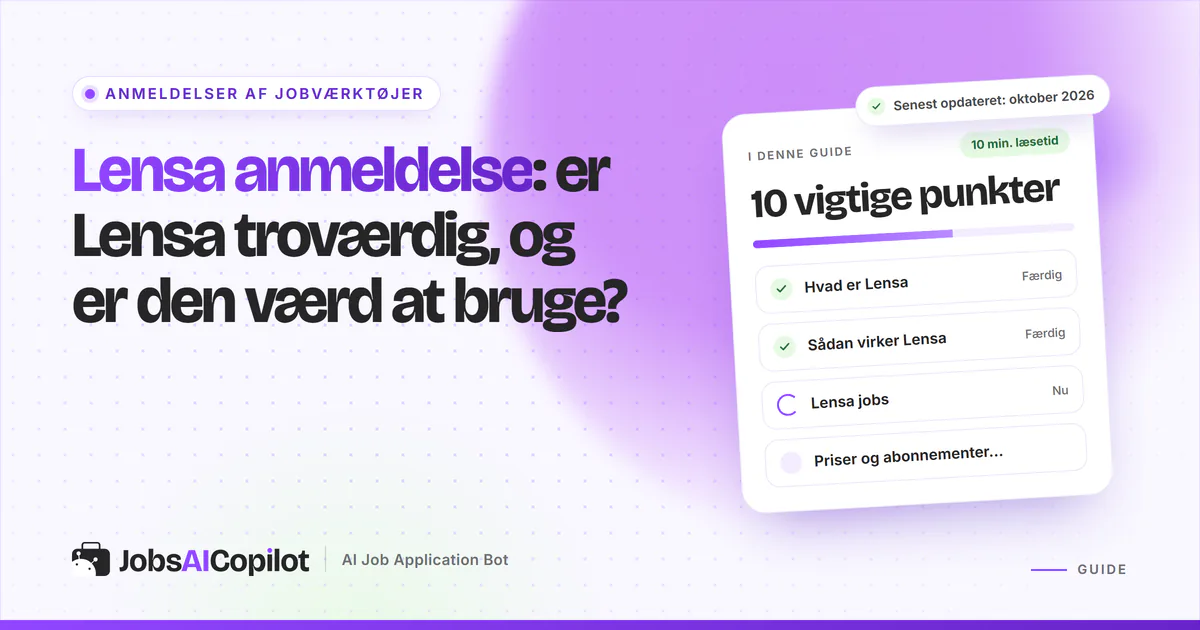 Lensa anmeldelse: titelkort med tjekliste over funktion, jobopslagenes kilder og priser på en lilla JobsAICopilot-forside