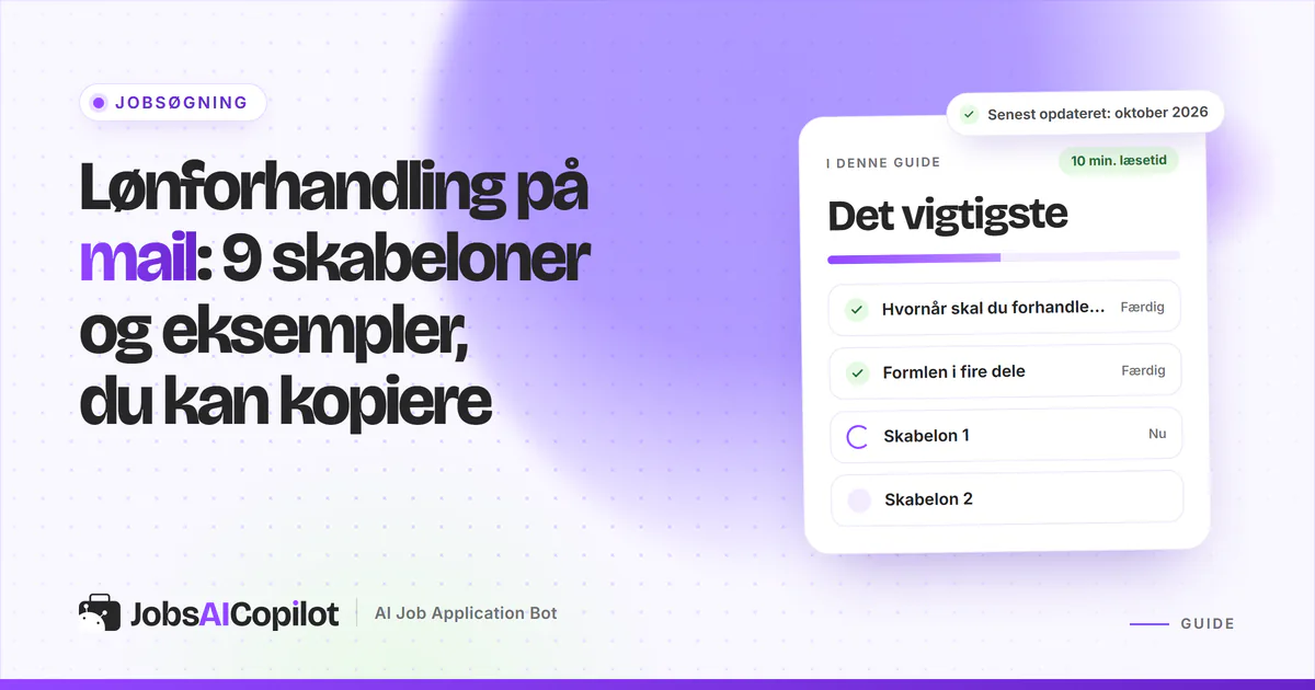 Lønforhandling på mail: titelkort med tjekliste over timing, formlen i fire dele og modbud på en lilla JobsAICopilot-forside