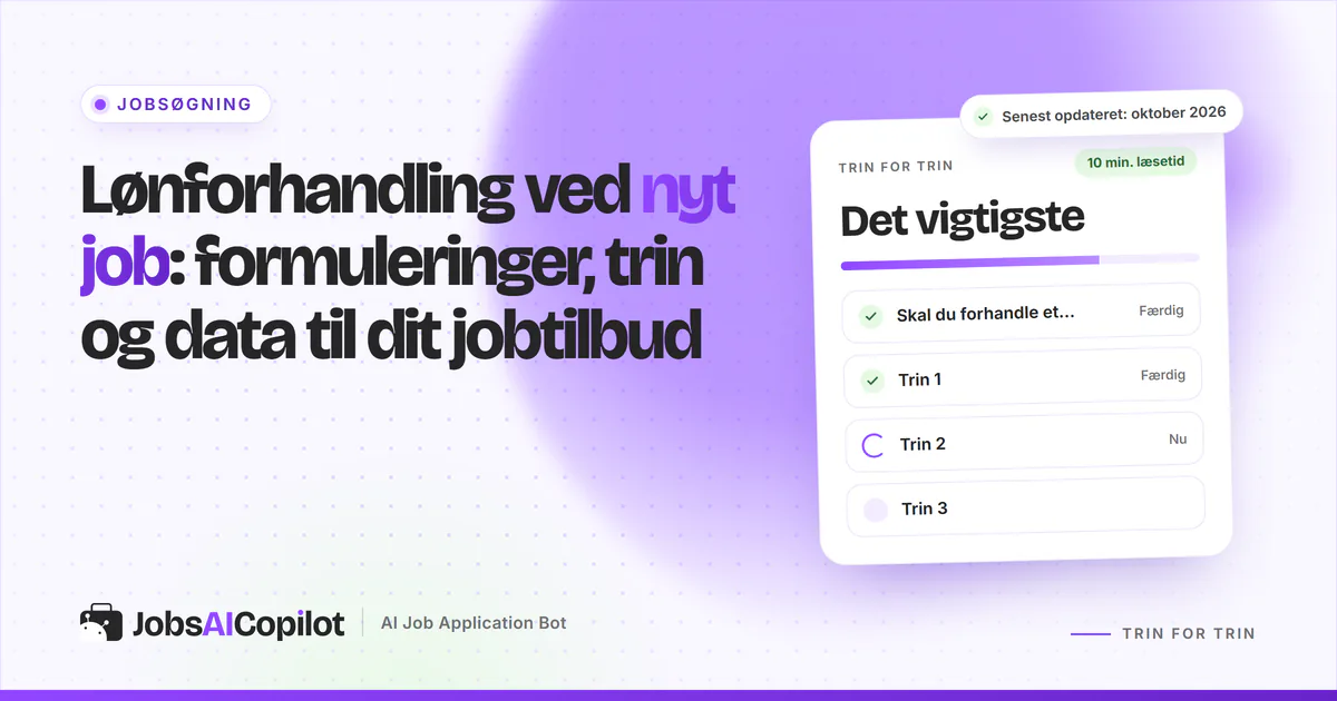 Lønforhandling ved nyt job: titelkort med tjekliste over tilbuddet på skrift, markedsløn og modbud på en lilla forside