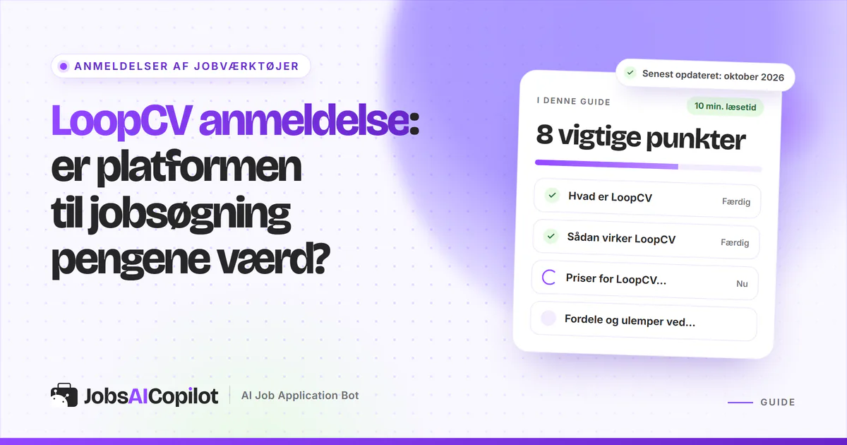 LoopCV anmeldelse: titelkort med tjekliste over funktion, priser, fordele og ulemper på en lilla JobsAICopilot-forside