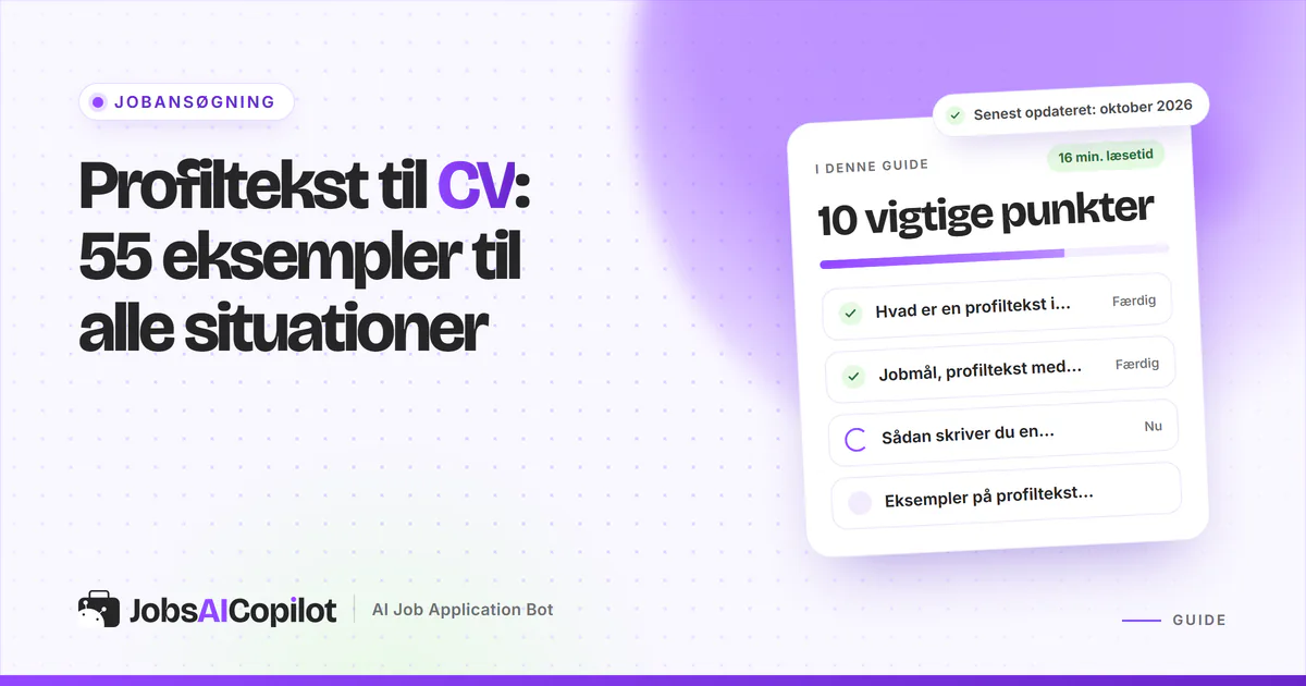 Profiltekst til CV: CV-overskrift med en kort profiltekst fremhævet på en lilla forside