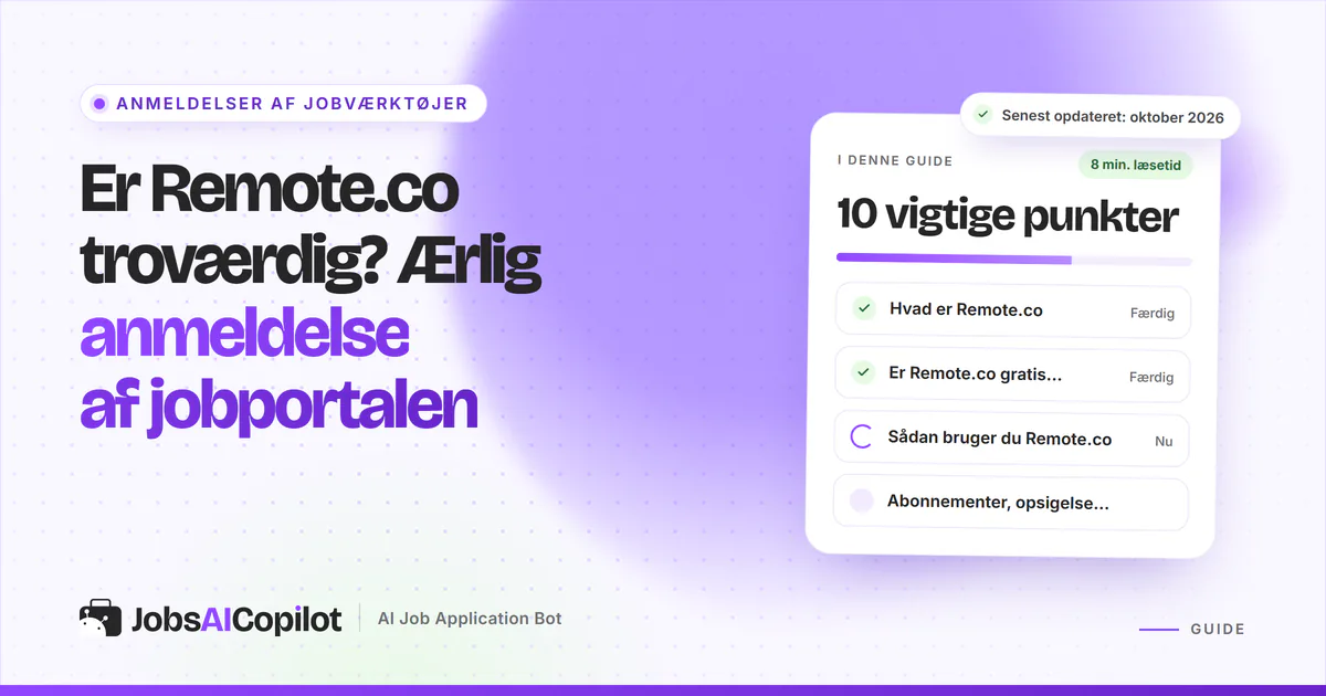 Er Remote.co troværdig? Titelkort med tjekliste over jobportalen, priser og brug på en lilla JobsAICopilot-forside