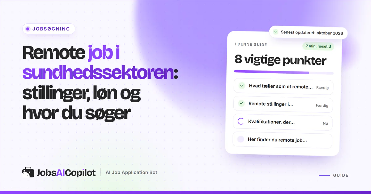 Remote job i sundhedssektoren: titelkort med tjekliste over jobtyper, overblik og kvalifikationer på en lilla forside