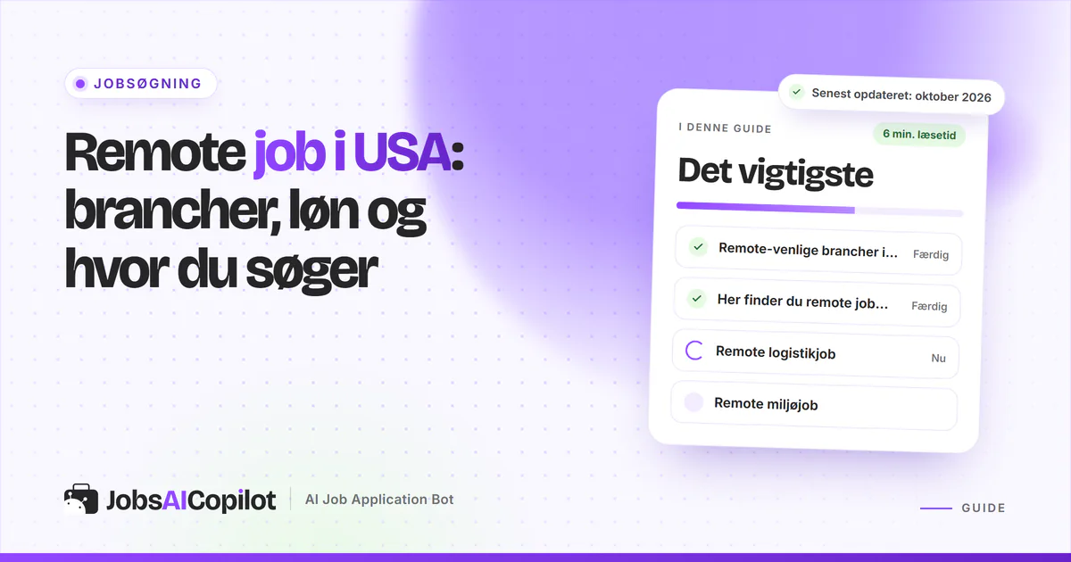 Remote job i USA: titelkort med tjekliste over remotevenlige fag, jobsider og logistikjob på en lilla JobsAICopilot-forside