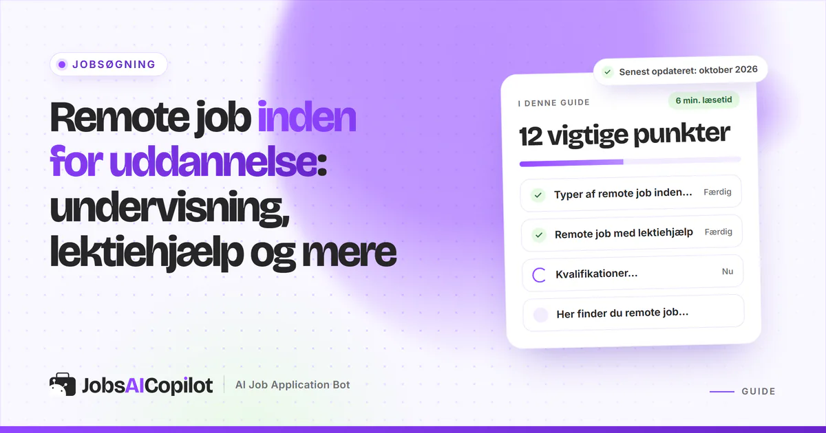 Remote job inden for uddannelse: titelkort med tjekliste over jobtyper, lektiehjælp og kvalifikationer på en lilla forside