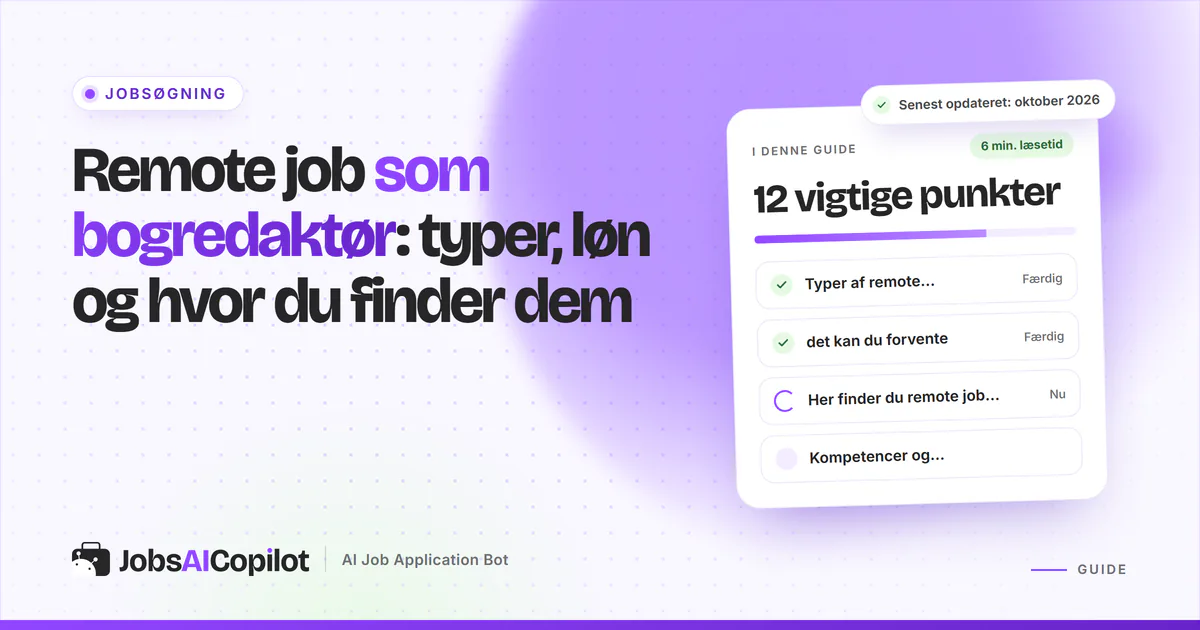 Remote job som bogredaktør: titelkort med tjekliste over typer af redaktørarbejde, løn og jobsider på en lilla forside