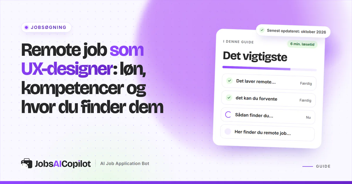 Remote job som UX-designer: titelkort med tjekliste over opgaver, løn og arbejdsgivere på en lilla JobsAICopilot-forside