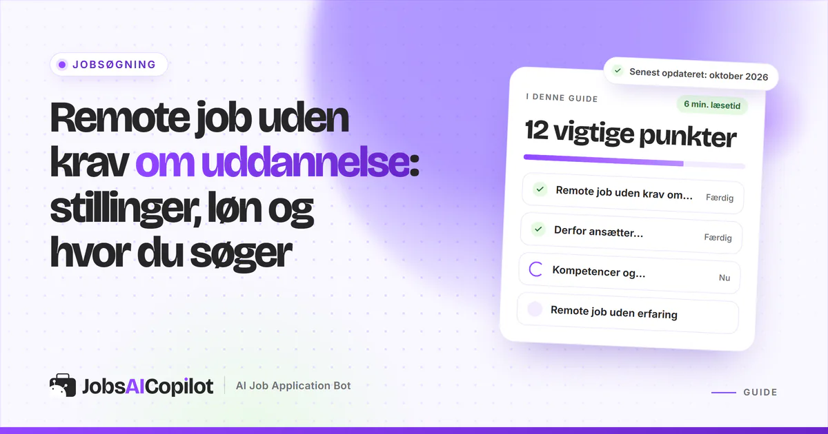 Remote job uden krav om uddannelse: titelkort med tjekliste over stillinger, kompetencer og jobsider på en lilla forside